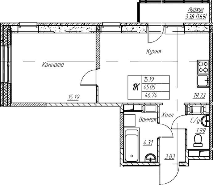 1-комнатная квартира 46.74 м², 4/22 эт., ЖК «Парк-квартал Юнтолово»